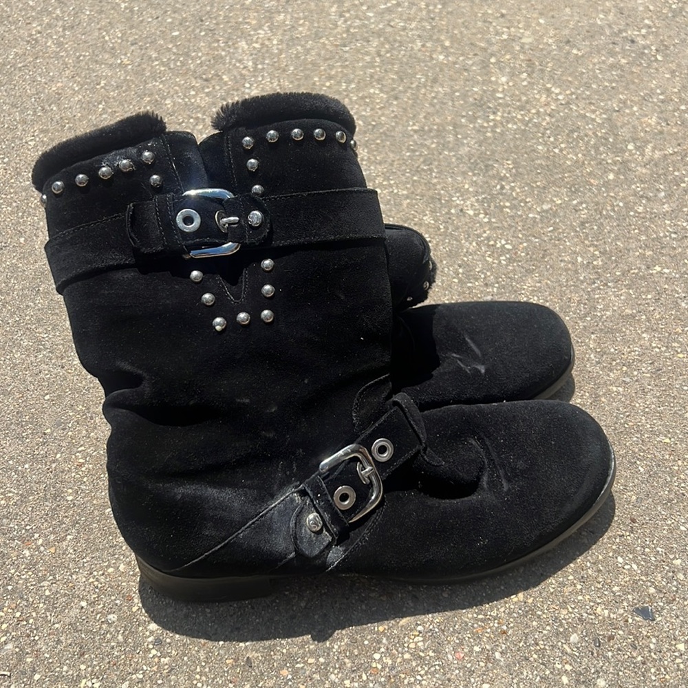 STUART WEITZMAN Black Suede Polished Silver Studs 1.25" Heel Mid Calf Boots